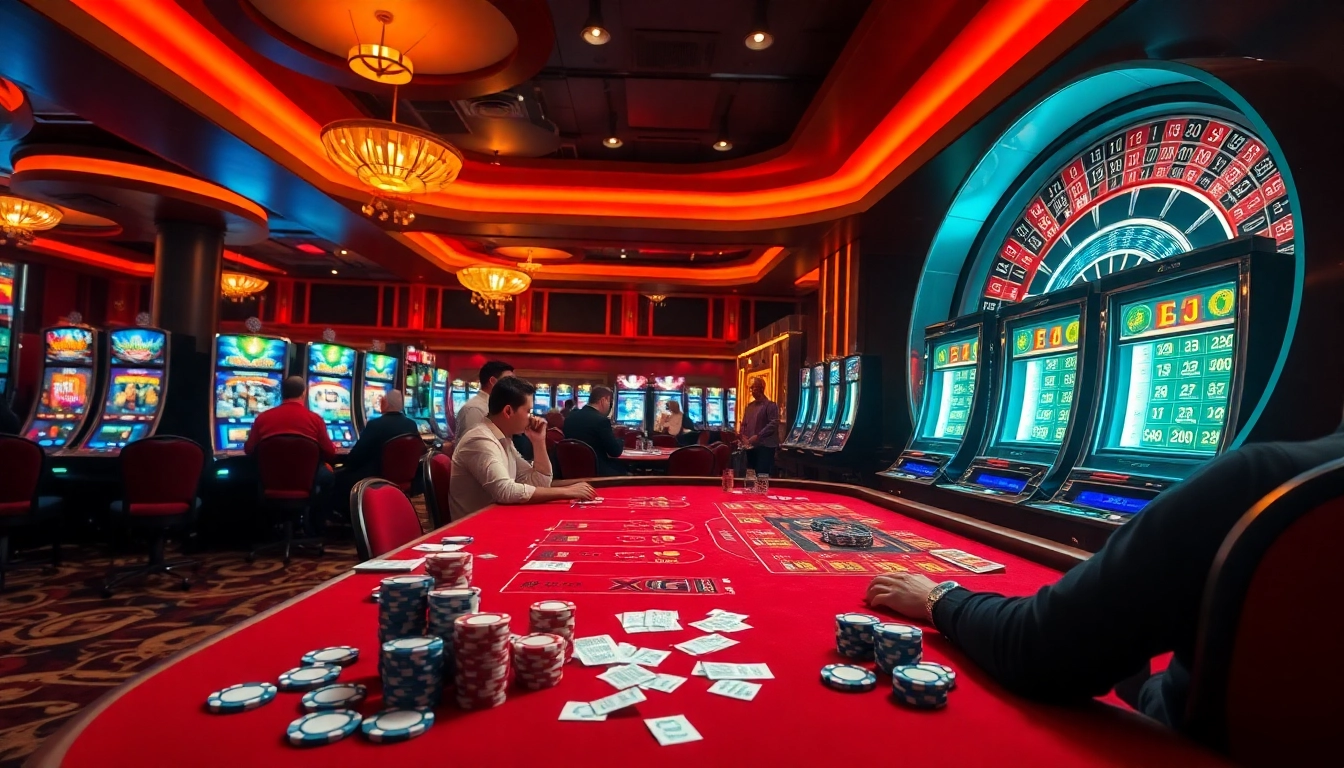 Engage in thrilling casino games at xxgg, featuring a bustling poker table and vibrant slot machines.