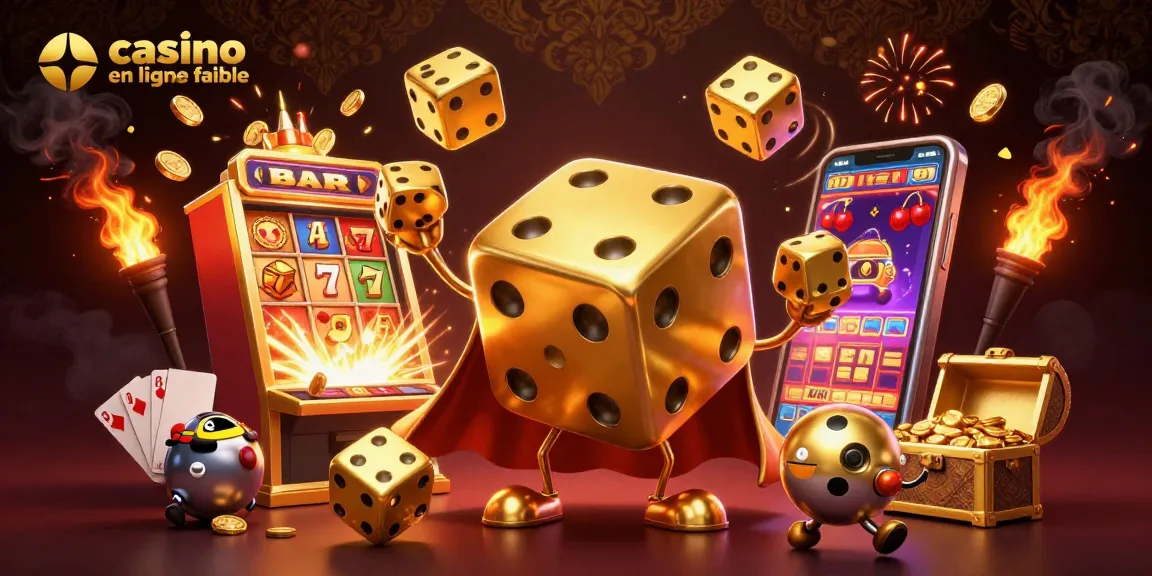 Jouer au casino en ligne fiable avec des dés dorés et des machines à sous explosant de pièces.