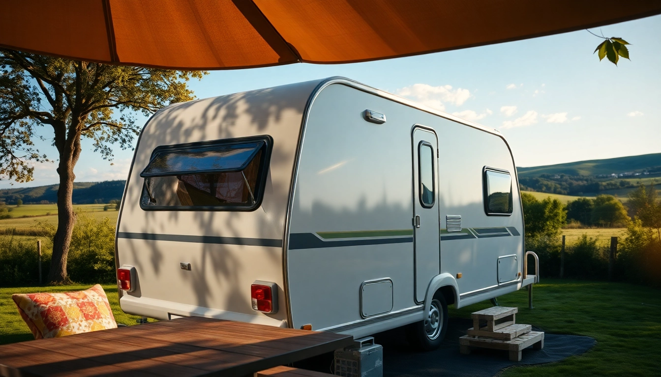 Admiring the gleaming Hugh Daly Caravans parked amidst scenic nature.