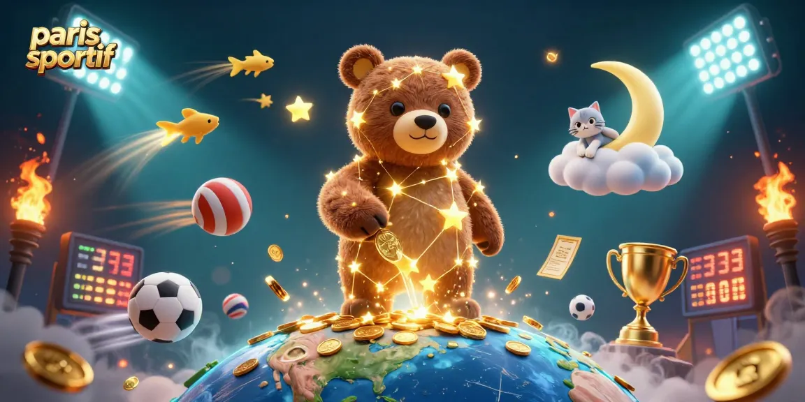 Pari sportif : collection de trophées et de ballons brillants dans un ciel étoilé animé.