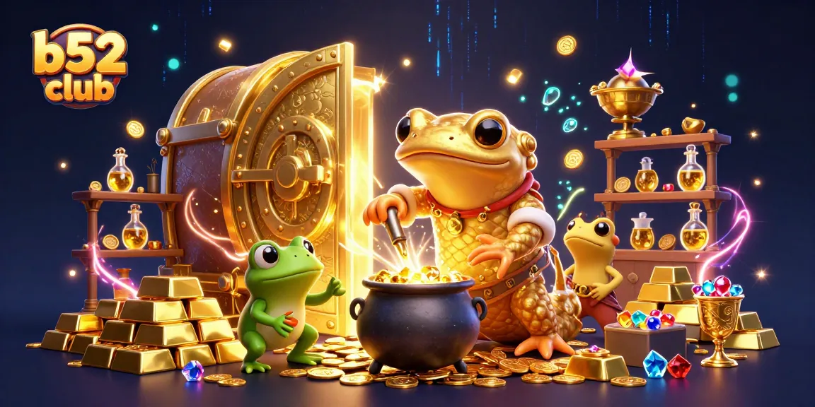 Experience the excitement of b52 club with a vibrant illustration showcasing casino treasures and alchemical wonders.