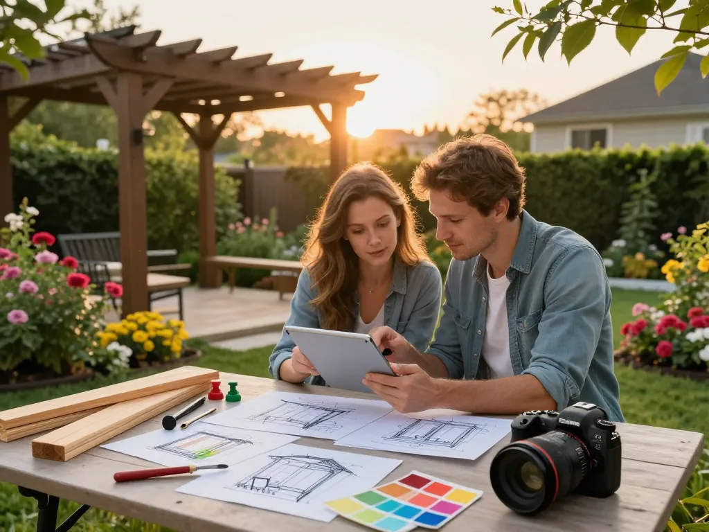 Couple using a pergola 3D planner in a beautiful garden setting, discussing design options with tools nearby.