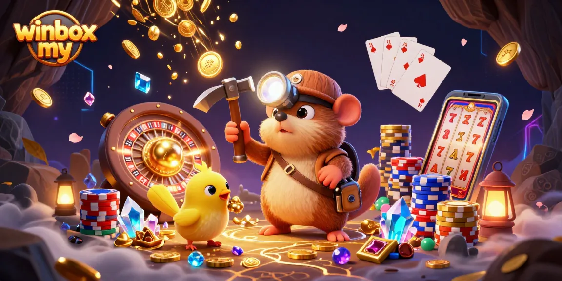 Winbox my captures an adventurous mole and canary in a vibrant casino world filled with gems and gold.