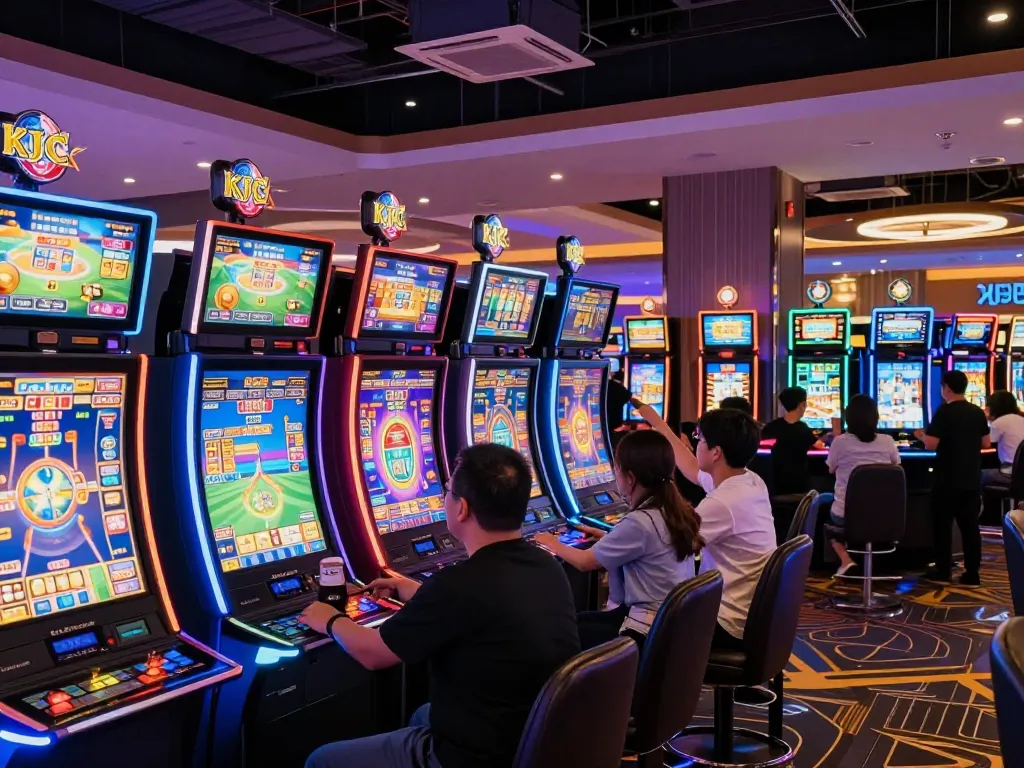 KJC players engaging with vibrant slot machines, celebrating wins in an exciting casino venue.