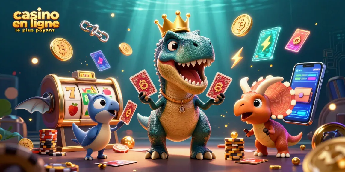 Visuel captivant pour casino en ligne le plus payant, avec un T-Rex aux cartes et des jetons dorés.