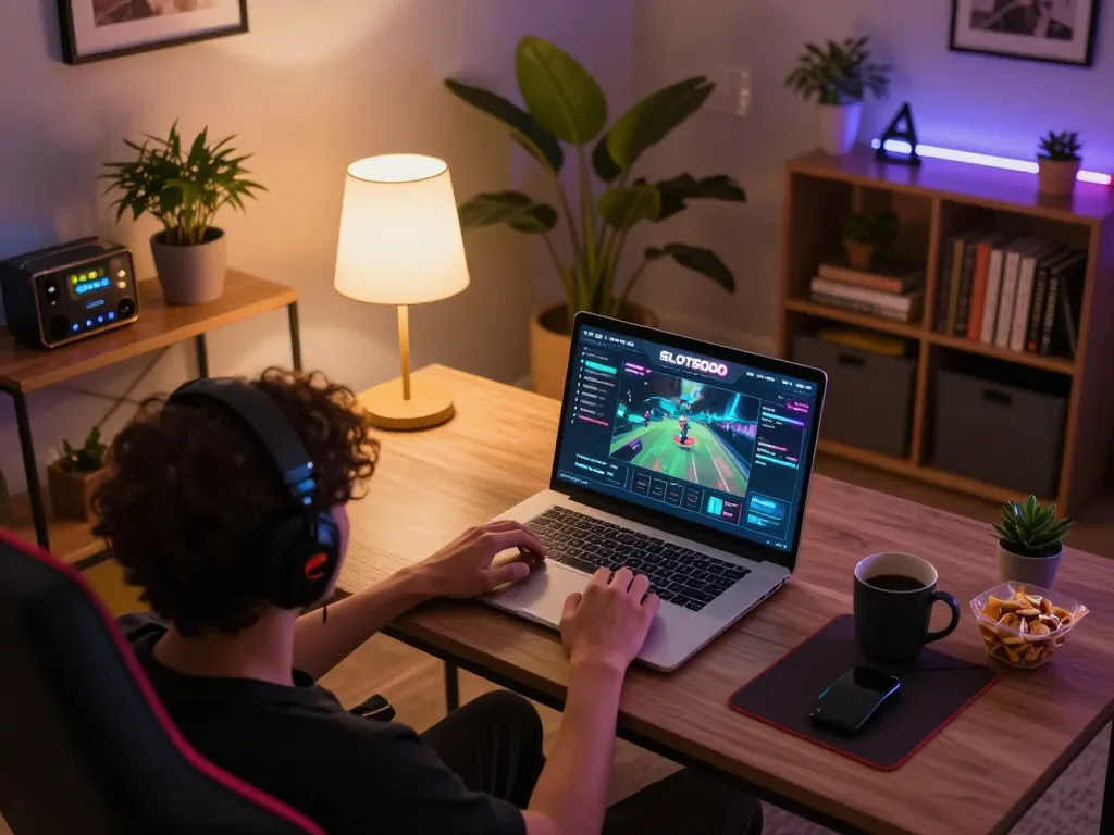 SLOT6000 gameplay on laptop in cozy home setting with snacks and coffee.
