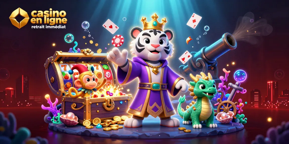 Visualisez un univers de jeu avec casino en ligne retrait immédiat, un tigre royal et des jetons de poker flottants.