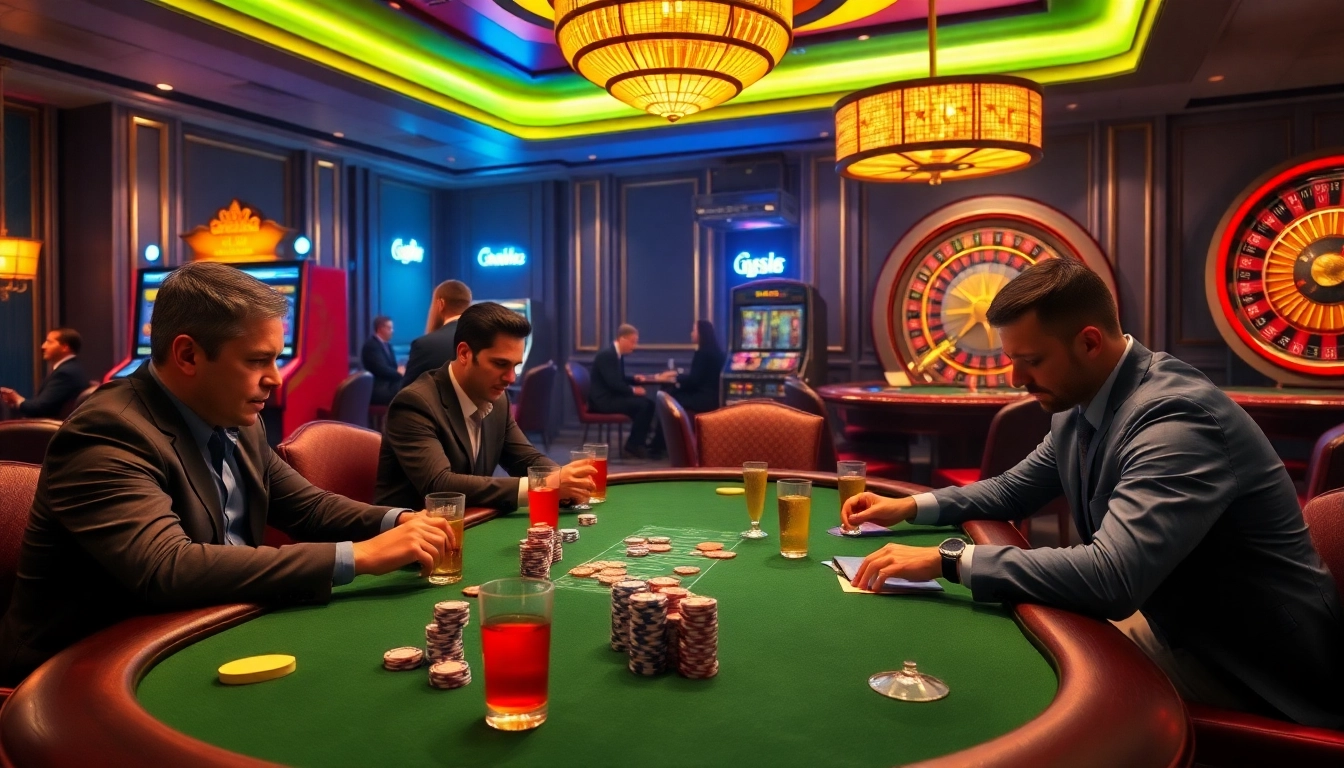 Engage in thrilling gameplay at new88's luxurious casino featuring poker tables and vibrant slot machines.