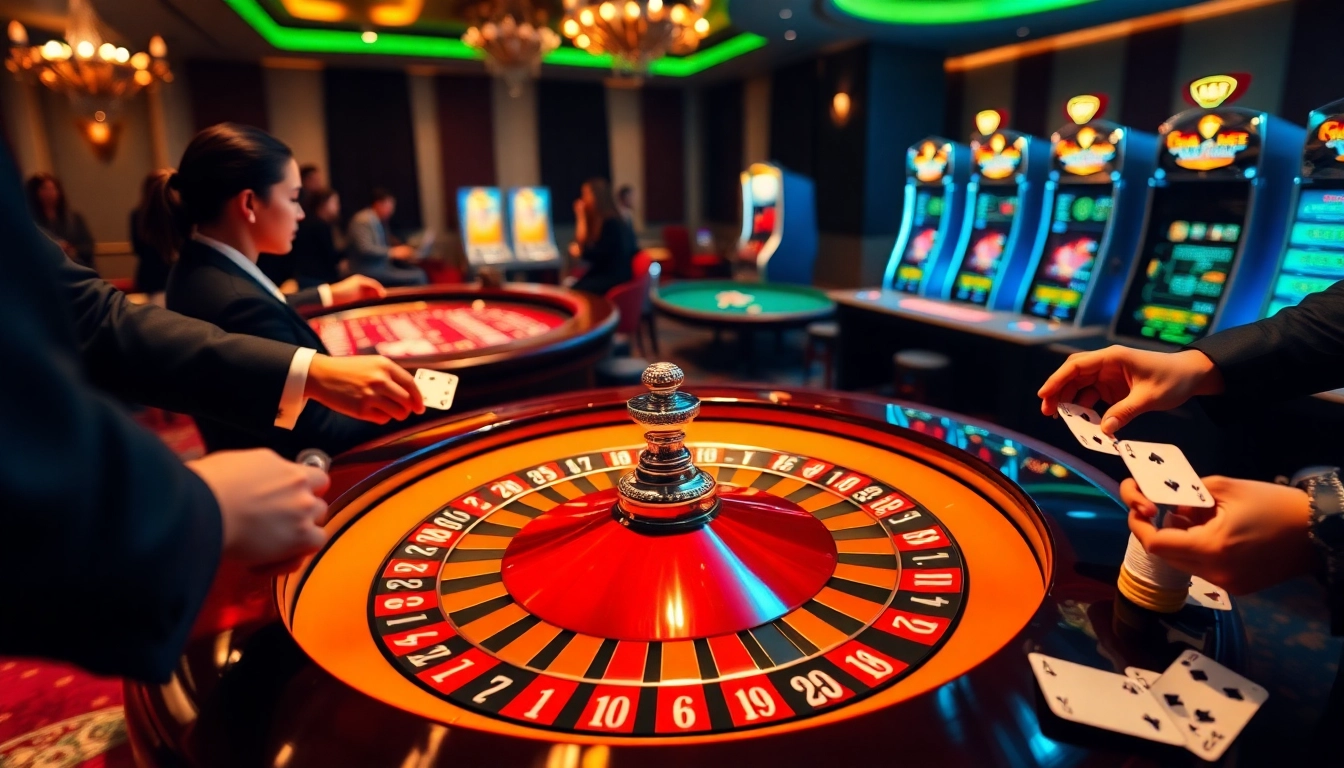Scène de casino en ligne passionnante avec une table de roulette illuminée et des jetons de pari vibrants.