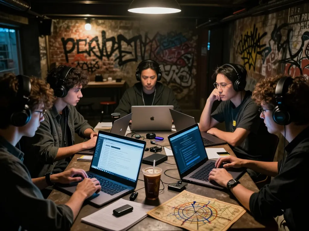 Group discussing hidde wiki url in dark web exploration scene with laptops and notes