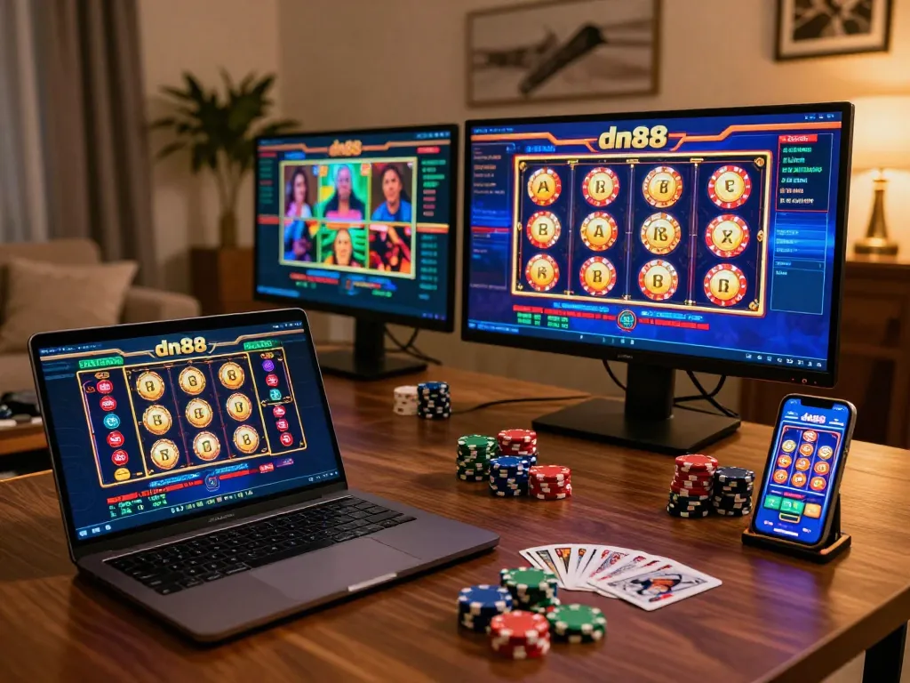 Engaging in a strategic online game session on dn88 with modern devices displaying vibrant casino games
