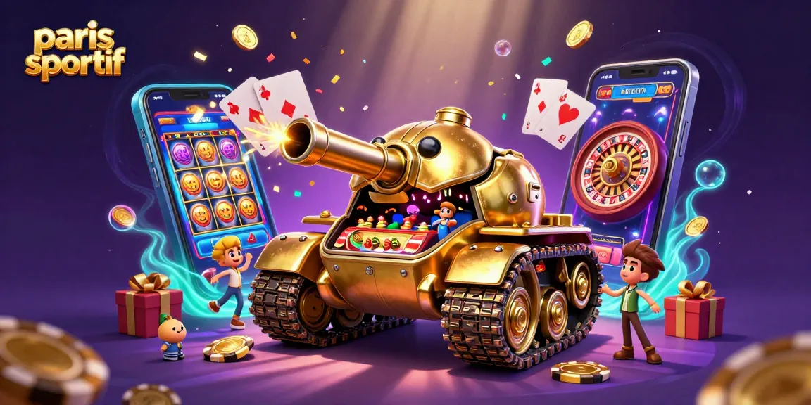 Pari sportif captivant illustré avec un tank doré et un casino miniature à l'intérieur.