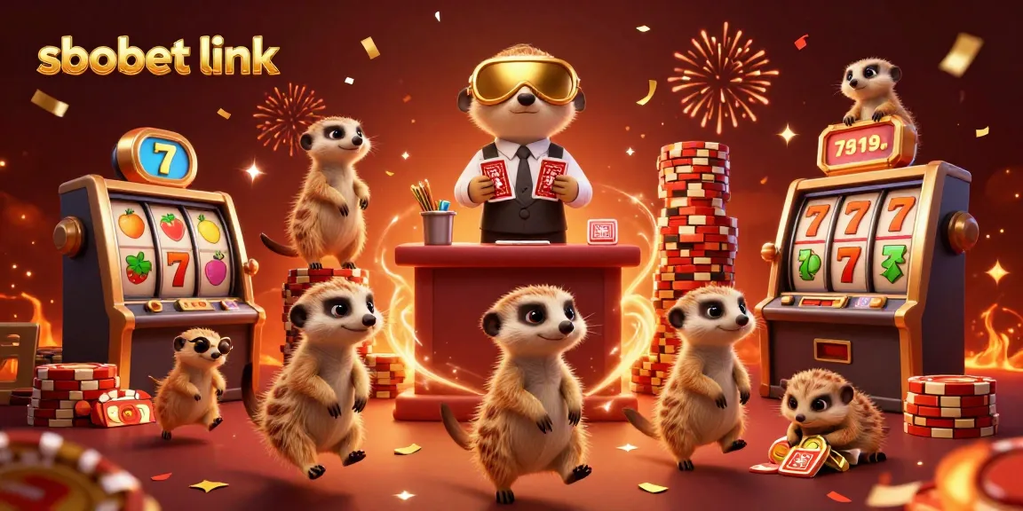 Experience thrilling action at sbobet link with a lively meerkat casino scene filled with exciting gaming elements.