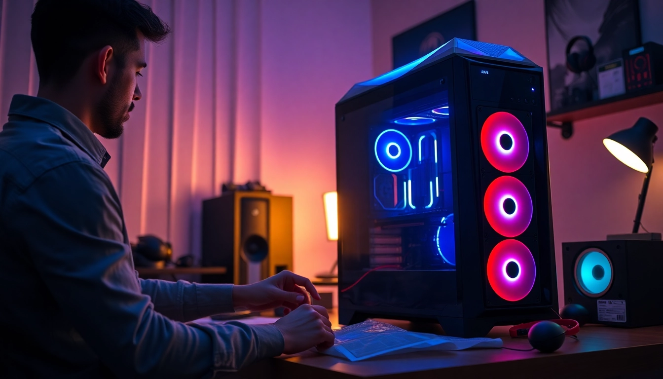 Showcase des Verkaufsprozesses eines Gaming-PCs mit sorgfältiger Verpackung in einem modernen Büro.