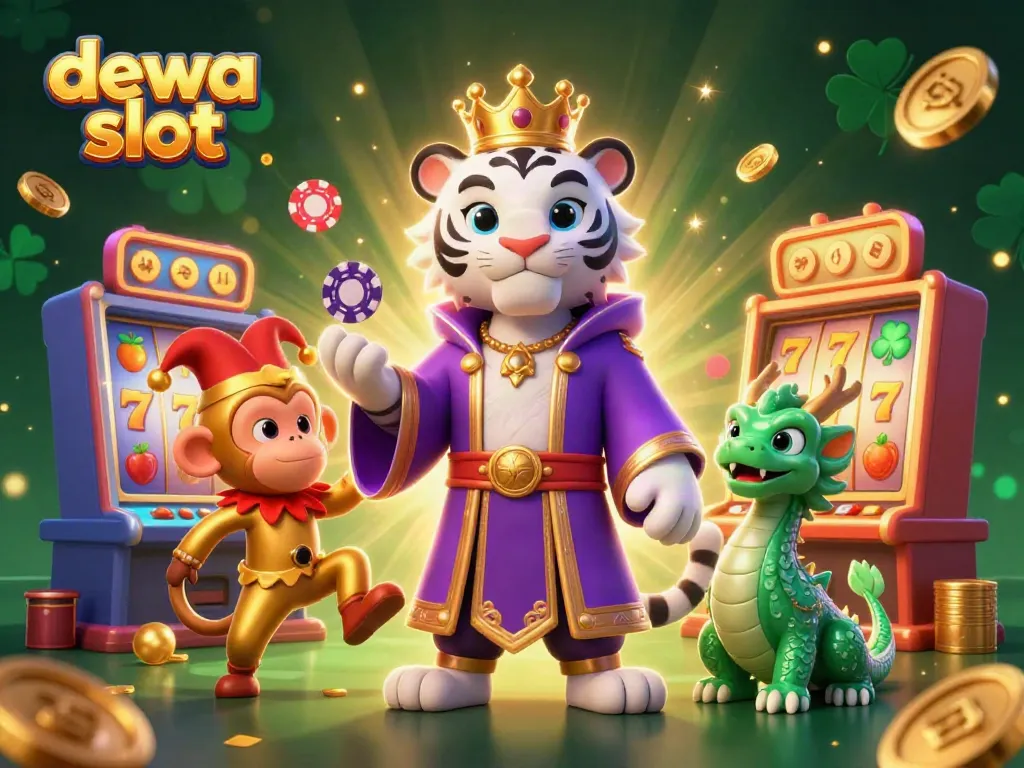 Tembakan slot 'dewa slot' dengan simbol keberuntungan dan karakter judi yang menghibur.