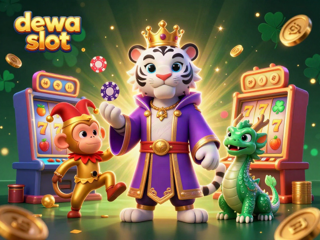 Tembakan slot 'dewa slot' dengan simbol keberuntungan dan karakter judi yang menghibur.