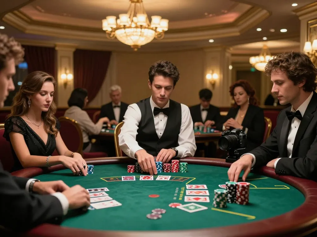sun win at a blackjack table with focused players and luxurious casino atmosphere