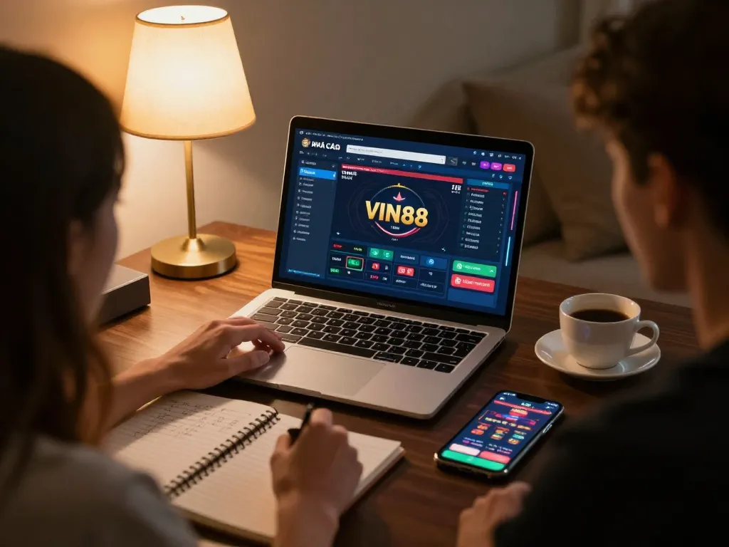 Engaged player focusing on NHÀ CÁI VIN88 interface for online gambling.