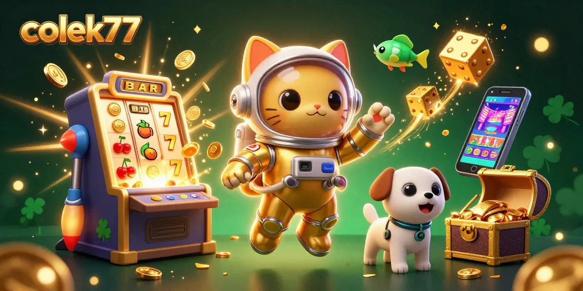 Engage in exciting gaming with colek77 as a dynamic 3D illustration showcases a slot machine jackpot.