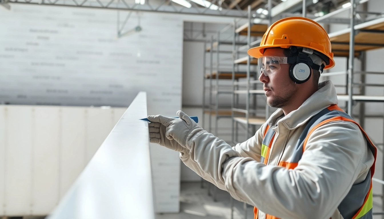 Applying intumescent fireproofing to steel beams by a professional in a construction site.