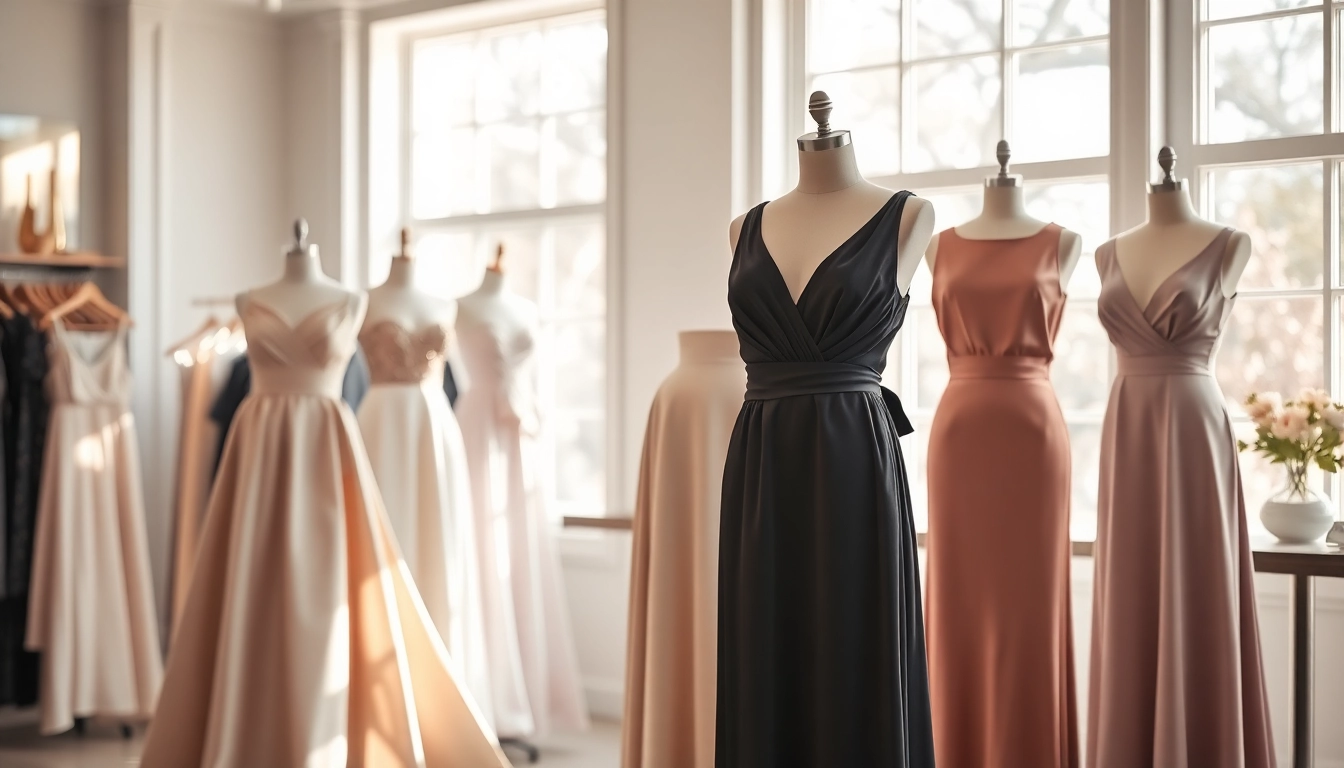Browse stunning designer dresses showcased in an elegant boutique setting.