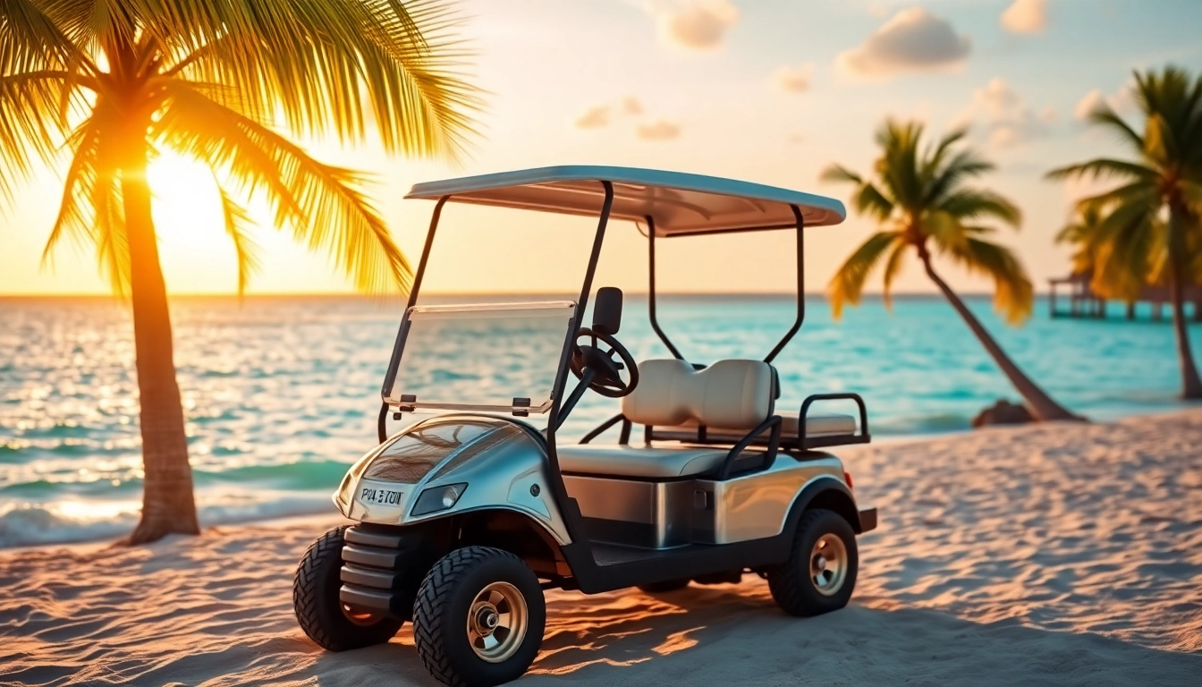 Golf Cart Rental San Pedro Belize parked on a beach with palm trees and a sunset view.