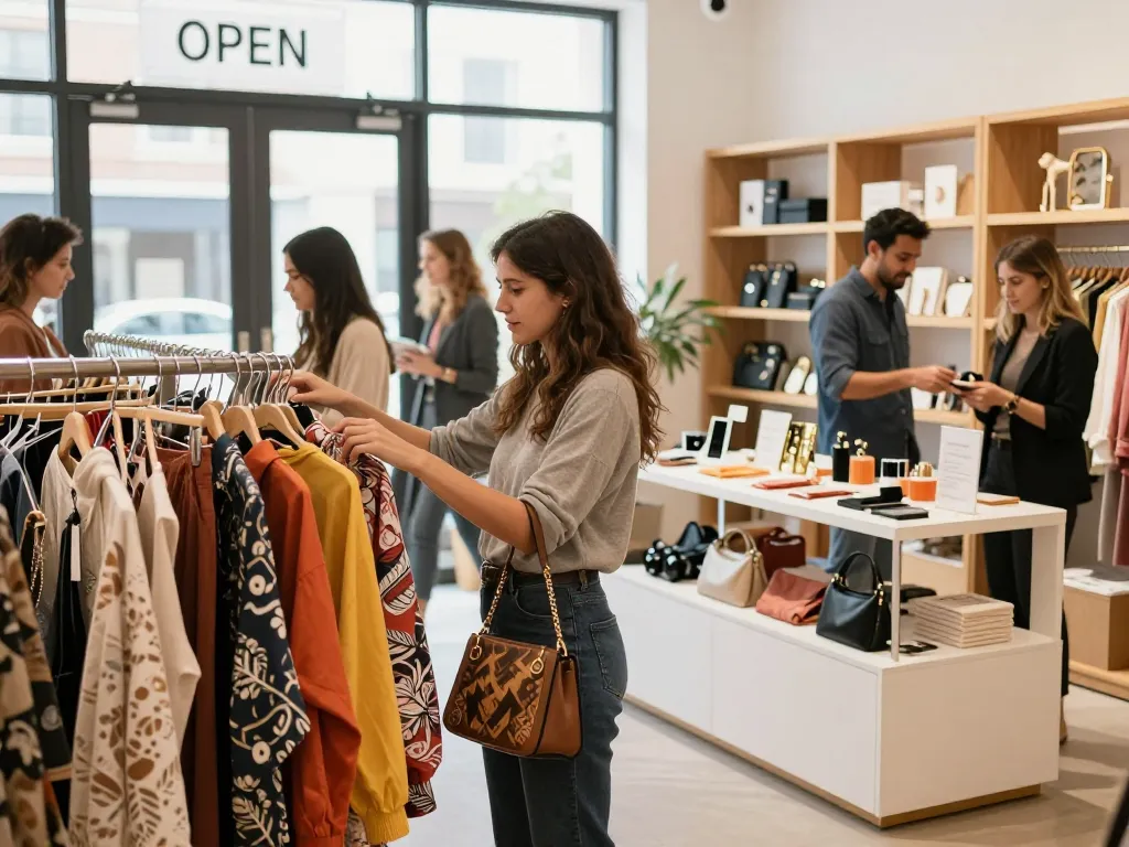 Shoppers engaging with products at https://hubet88.icu/ in a modern retail setting.