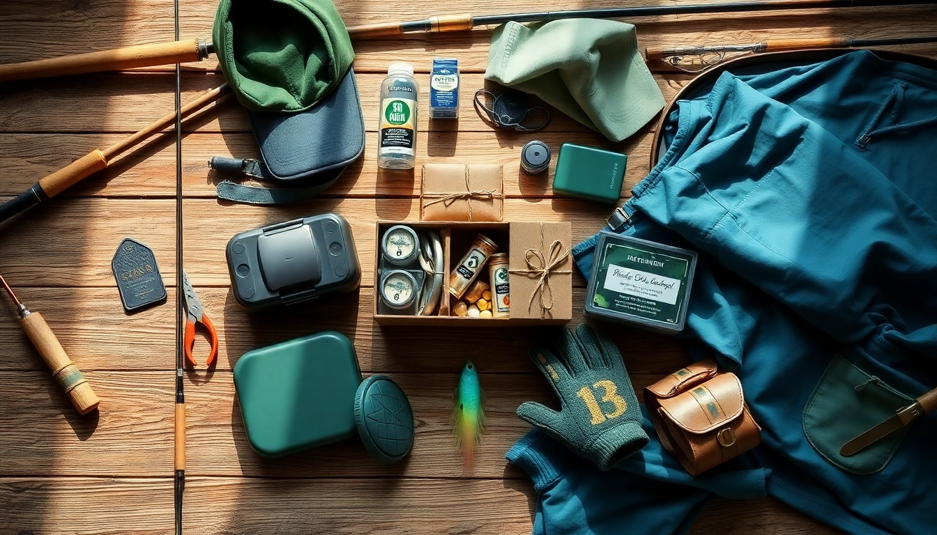 Discover a variety of fishing gifts beautifully arranged on a rustic table for anglers.