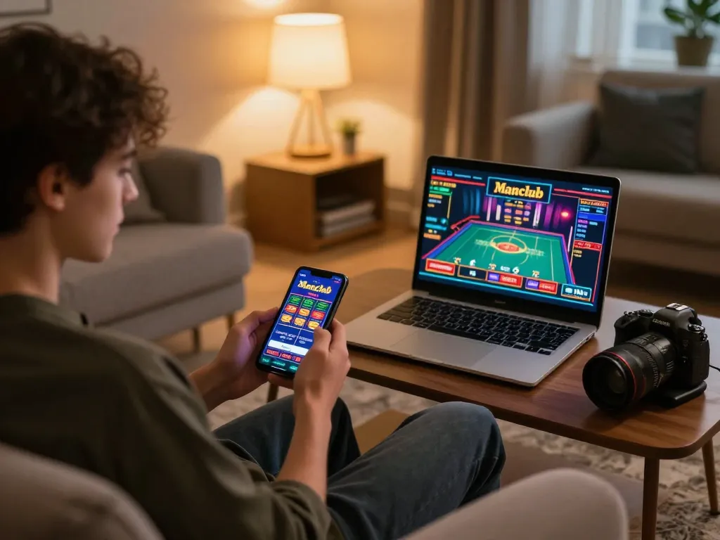 Engaging with manclub casino app on smartphone during an exciting home gaming session