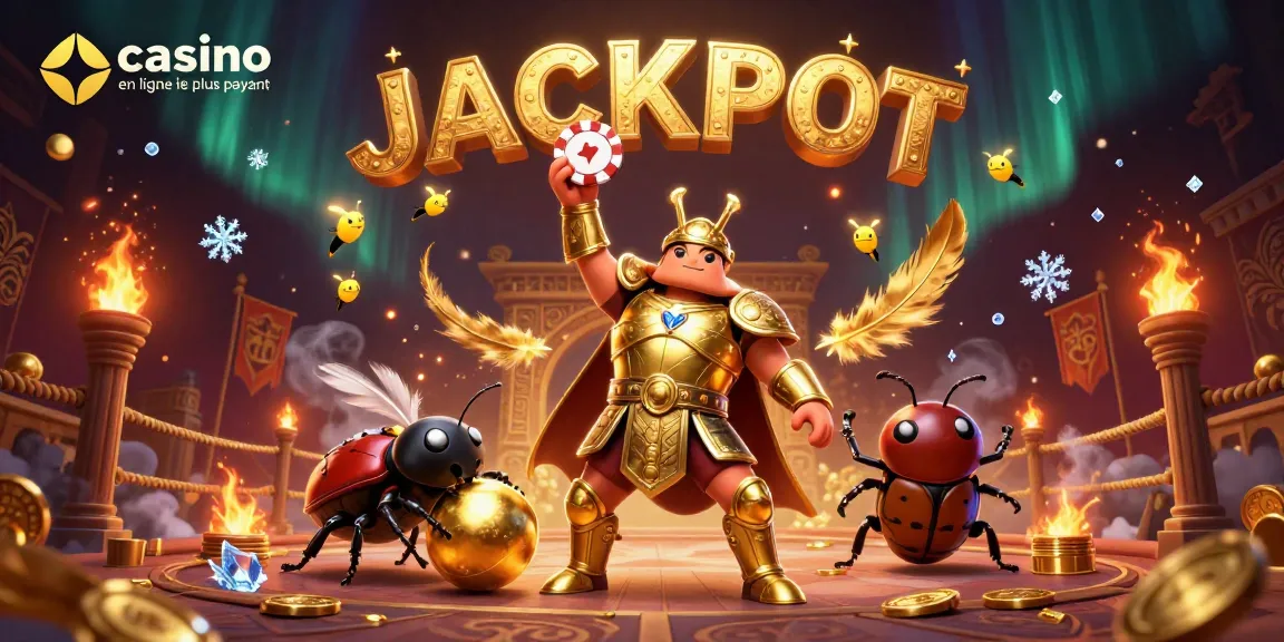Jouez au casino en ligne le plus payant avec un scarabée en armure célébrant un jackpot.
