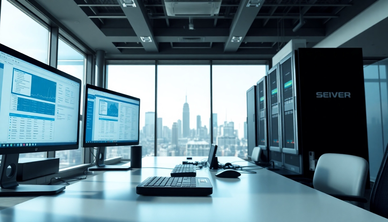 Streamlined server management interface at https://aminserve.com with multiple screens in a modern setting.