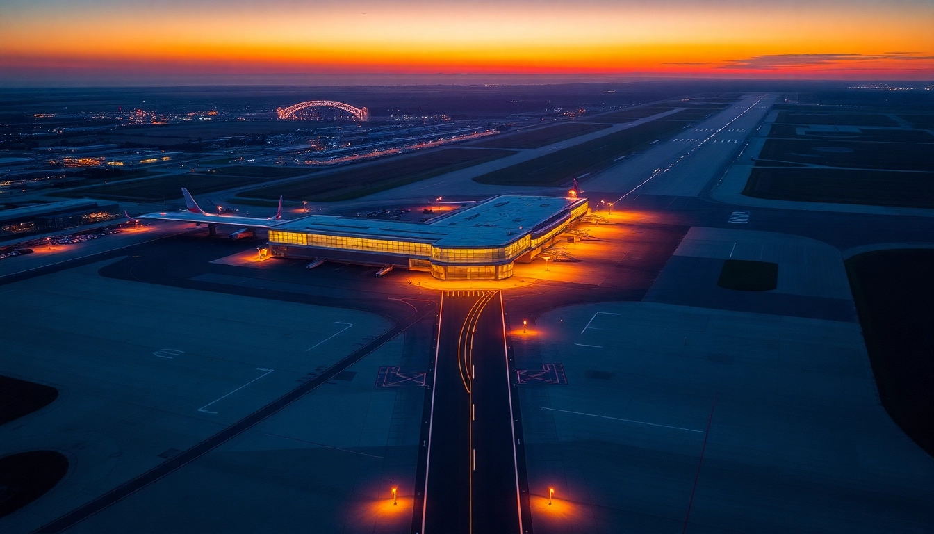 Passengers arriving at Newcastle Airport, with bustling activity outside the terminal, showcasing travel excitement.