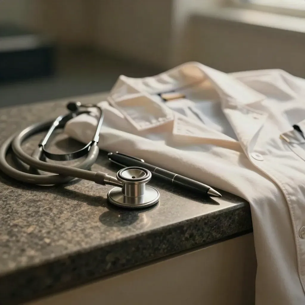 Stethoscope, folded lab coat collar, and pen on a dark stone ledge in dramatic still life.