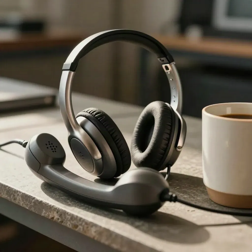 Headset earcups, cordless handset and mug on slate with warm light