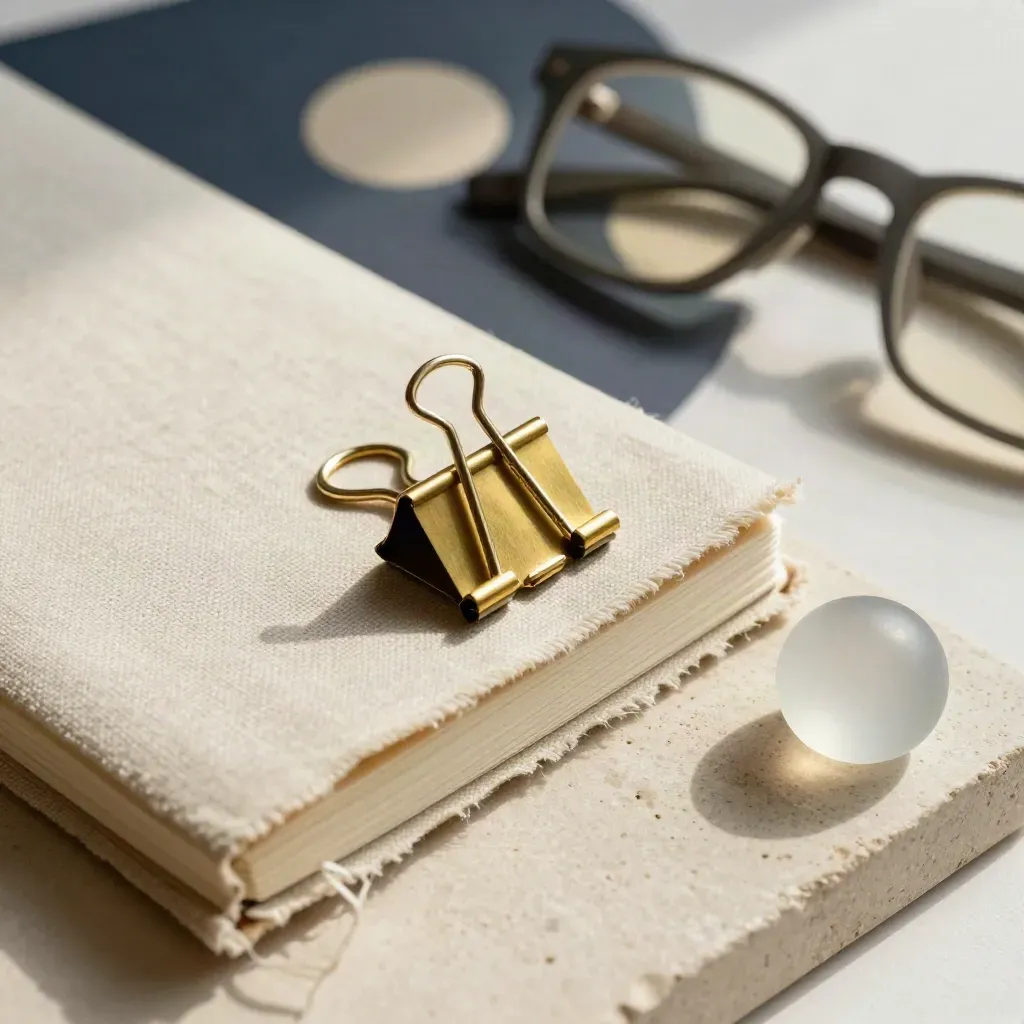 Closed linen notebook with brass clip, folded glasses, and paperweight on pale stone