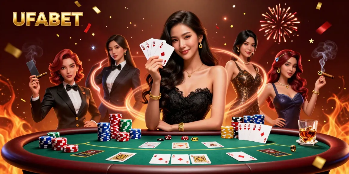 Play poker with UFABET's stunning 3D illustration of a graceful Asian woman holding two aces, surrounded by luxurious casino elements.