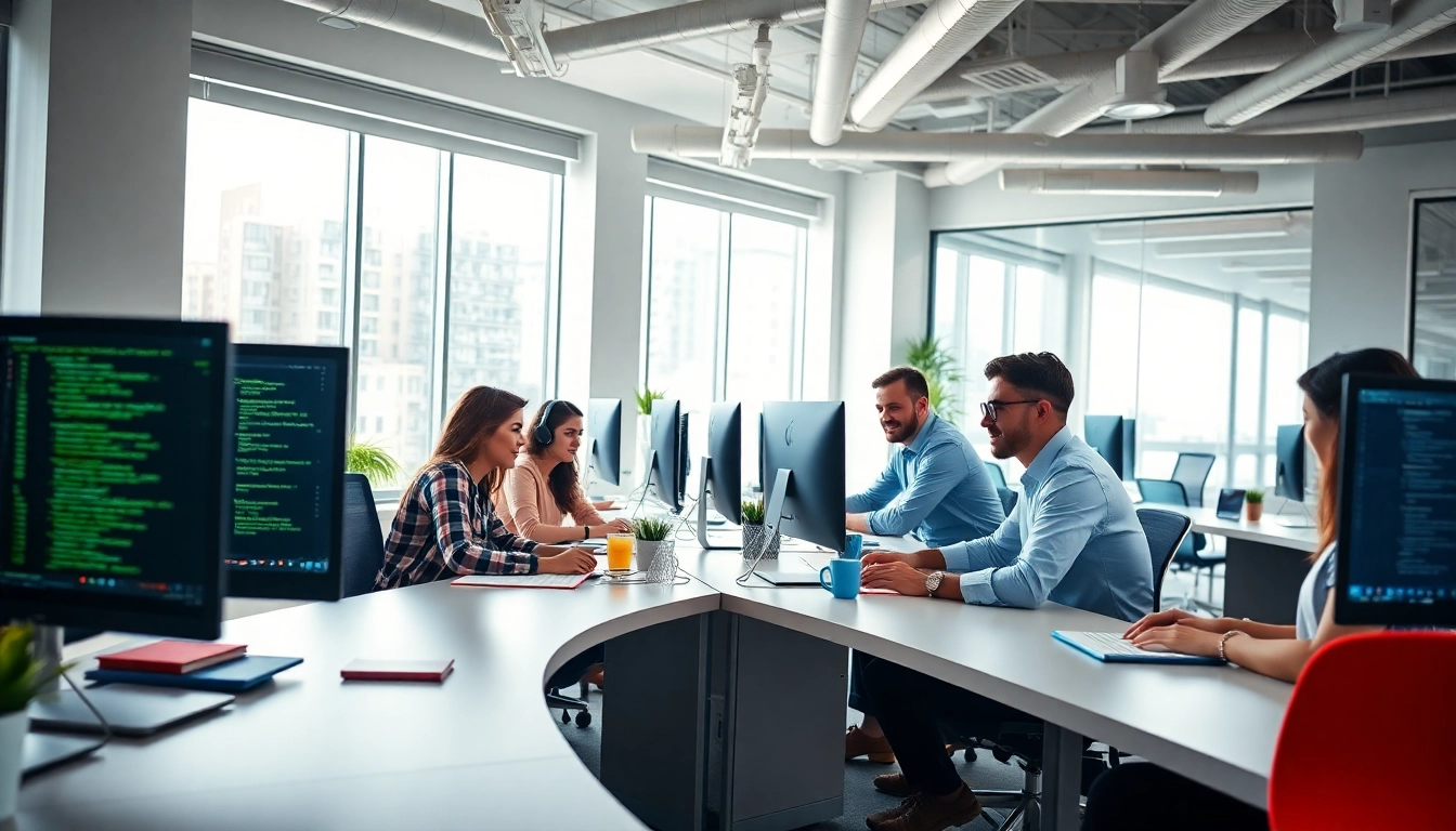 A diverse team at a web development company collaborating in a modern office space.