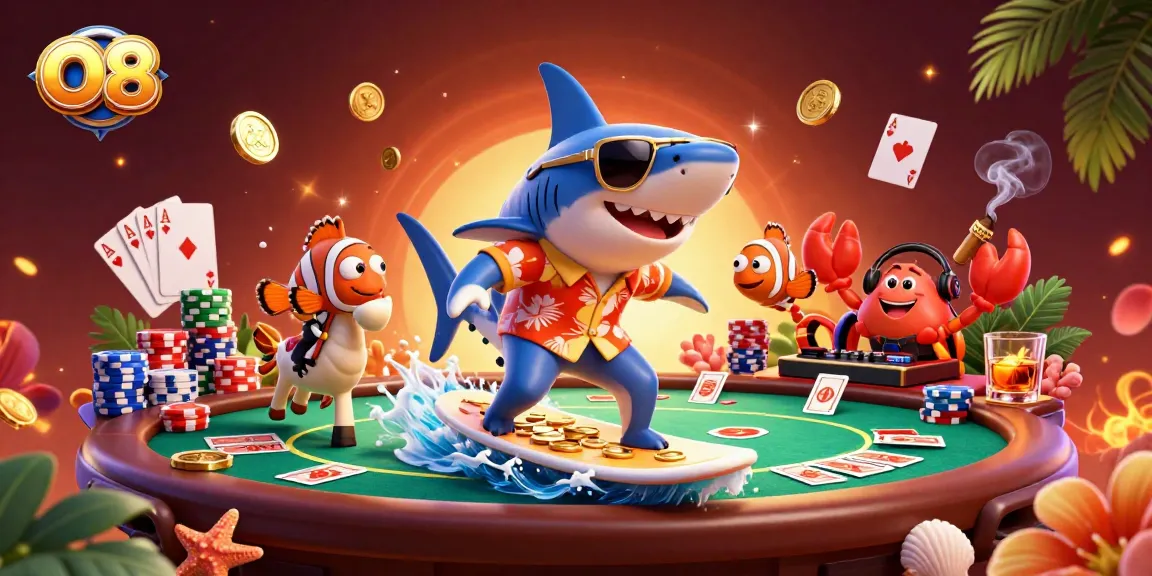 Engage in thrilling action at O8 with vibrant casino-themed 3D illustration art.