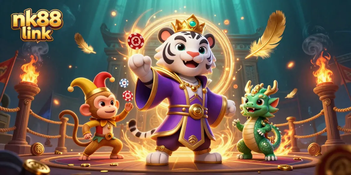 Engage with the nk88 link, a vibrant casino scene featuring a regal tiger, juggling monkey, and animated jade dragon.