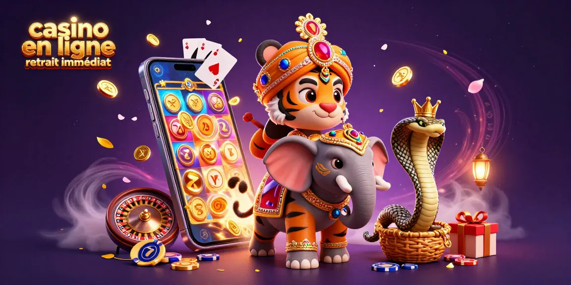 Illustration de casino en ligne retrait immédiat avec un tigre maharaja sur un éléphant et des éléments de jeu.