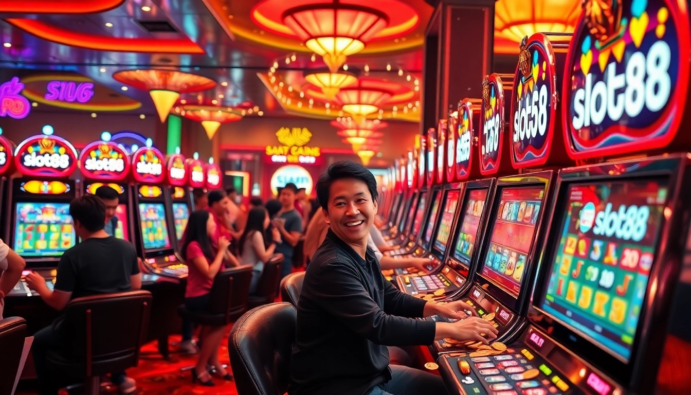 Excited players engaging with slot88 machines in a vibrant casino scene filled with lights and action.