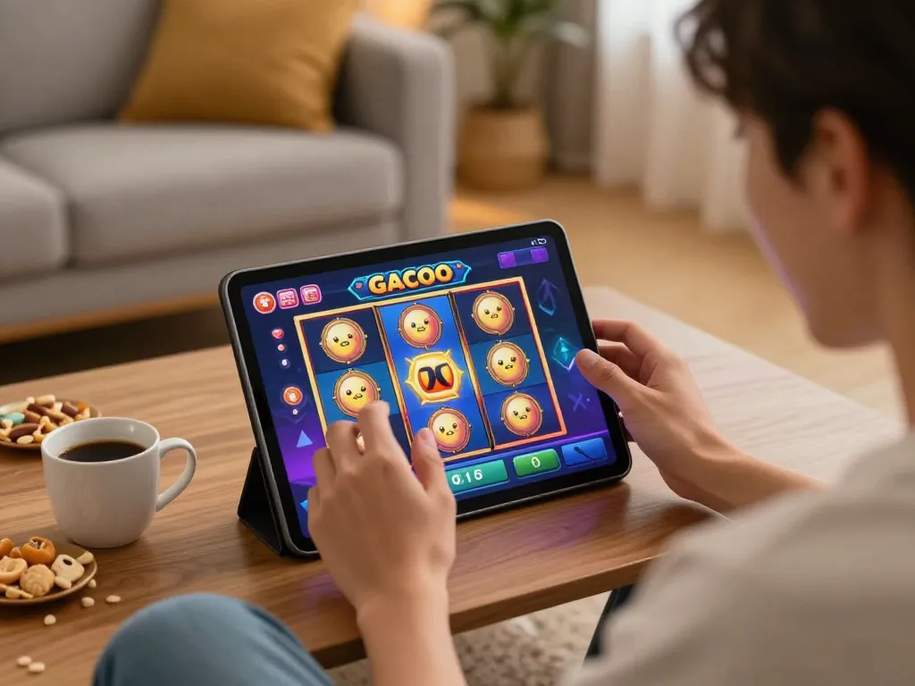 Engaged player spinning reels of slot gacor on tablet in cozy home setting, showcasing online gaming excitement.