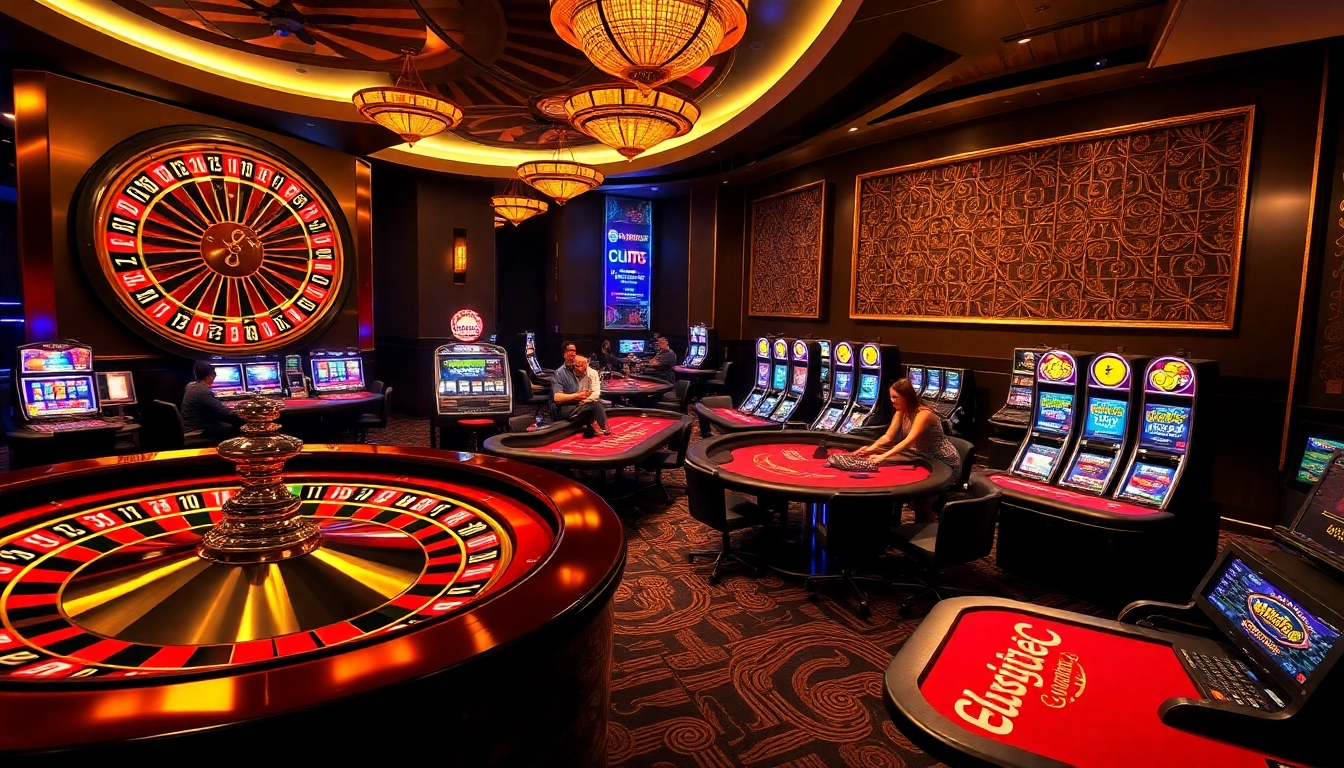 Players engage in thrilling games at https://mk8th.net/ casino, featuring a vibrant roulette wheel and poker tables.
