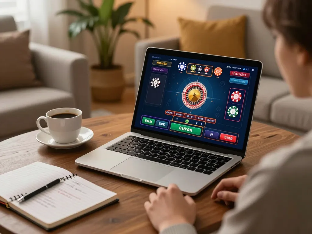 LUCK8 player enjoying online gaming experience with vibrant roulette interface and strategic notes nearby