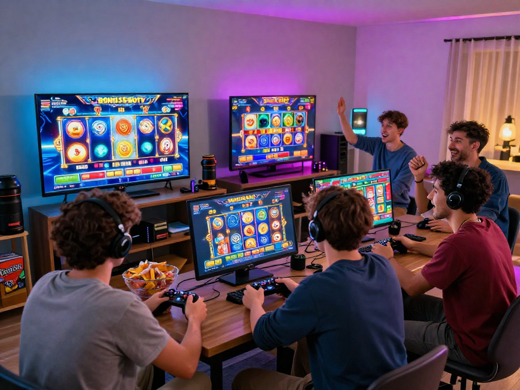 Friends enjoying Bonus Buy slots, playing together in an energetic gaming setup with vibrant graphics and excitement.