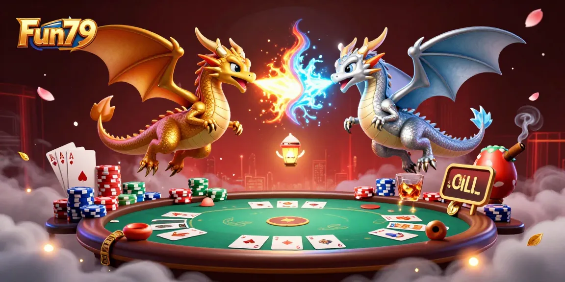 Fun79 brings excitement as gold and silver dragons battle amidst lavish poker elements.