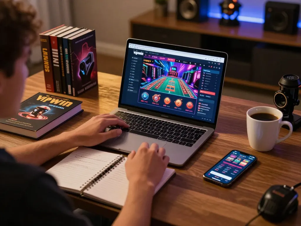 Player utilizing vipwin for a strategic online gambling experience at home with stylish decor.