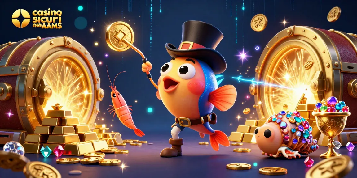 Giocare nei casino sicuri non AAMS, attira ricchezze con illustrazione 3D di personaggi marini e tesori.
