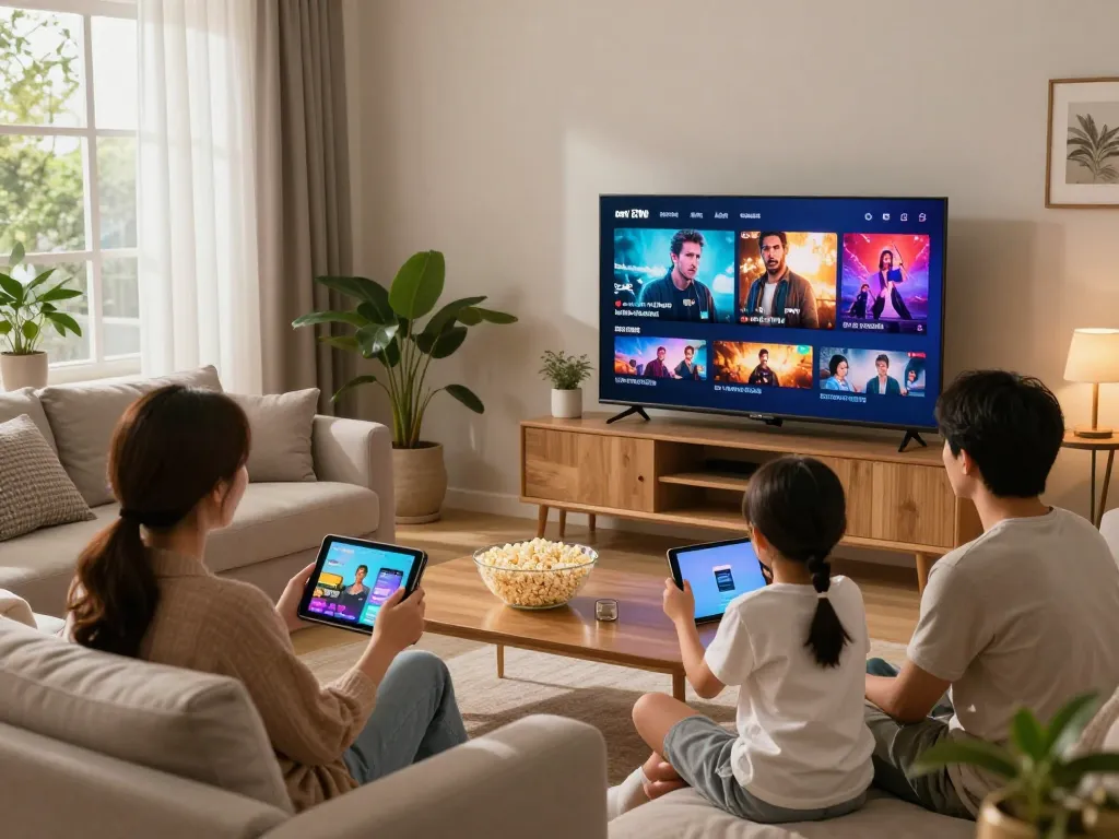 Genieten van IPTV kopen in een gezellige woonkamer met familie die films en shows streamt.