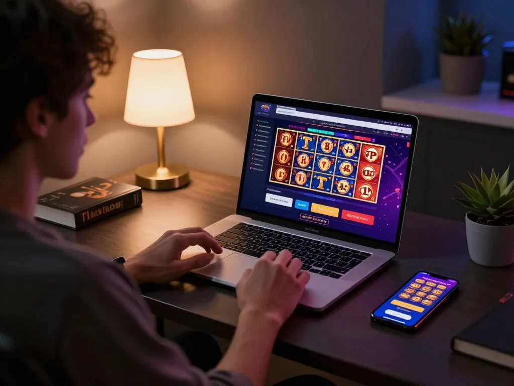 Person enjoying online gaming at home, exploring sites not on gamstop on a laptop.